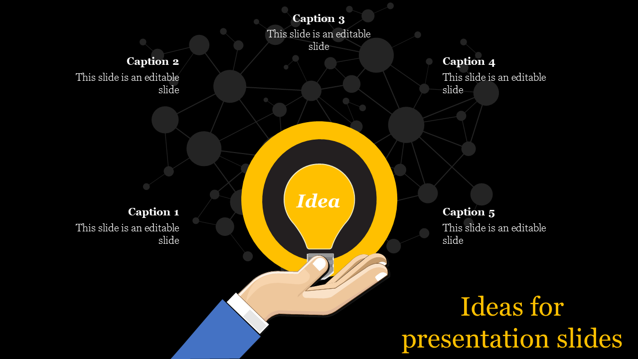 Innovative ideas template with a lightbulb graphic in a hand, connected to a network of nodes and caption areas.