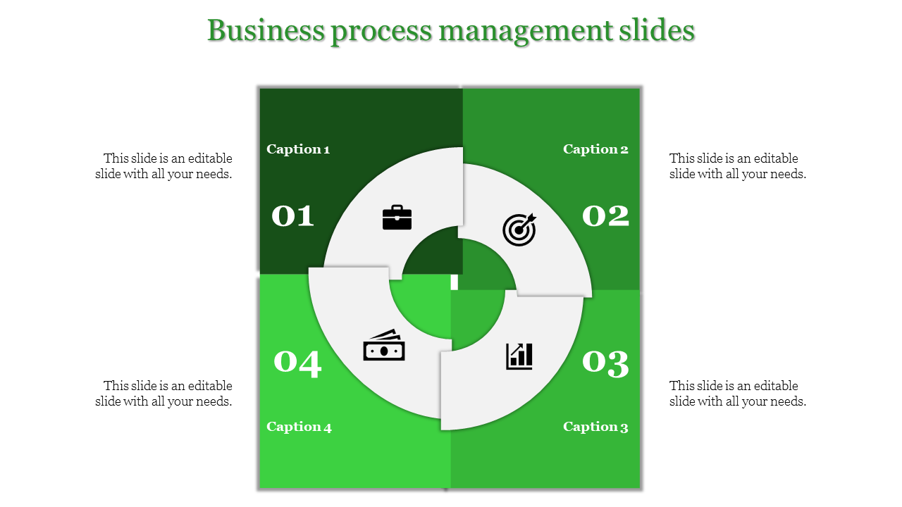 Green toned circular chart divided into four segments with icons, each numbered 01 to 04 and labeled with captions.