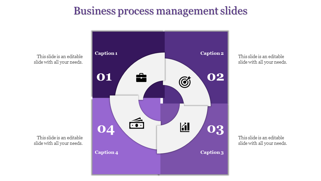 Four step business slide featuring a segmented white circle with purple square gradients, each containing numbers and icons.