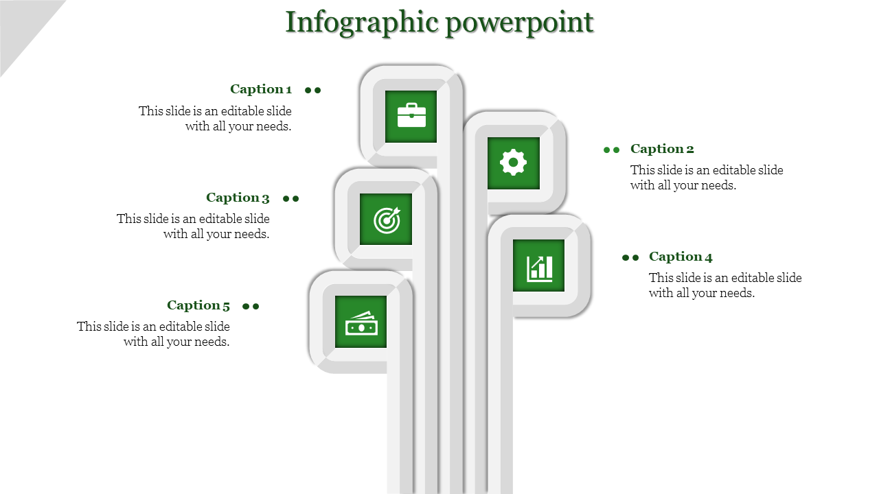 Vertical infographic featuring five white rectangular blocks with green icons, arranged connected to caption areas.