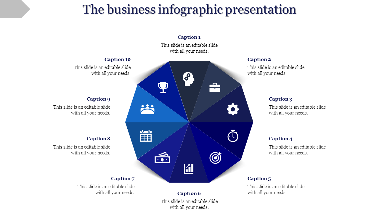 Circular infographic with ten segments in blue tones, each featuring business icons and corresponding captions around.