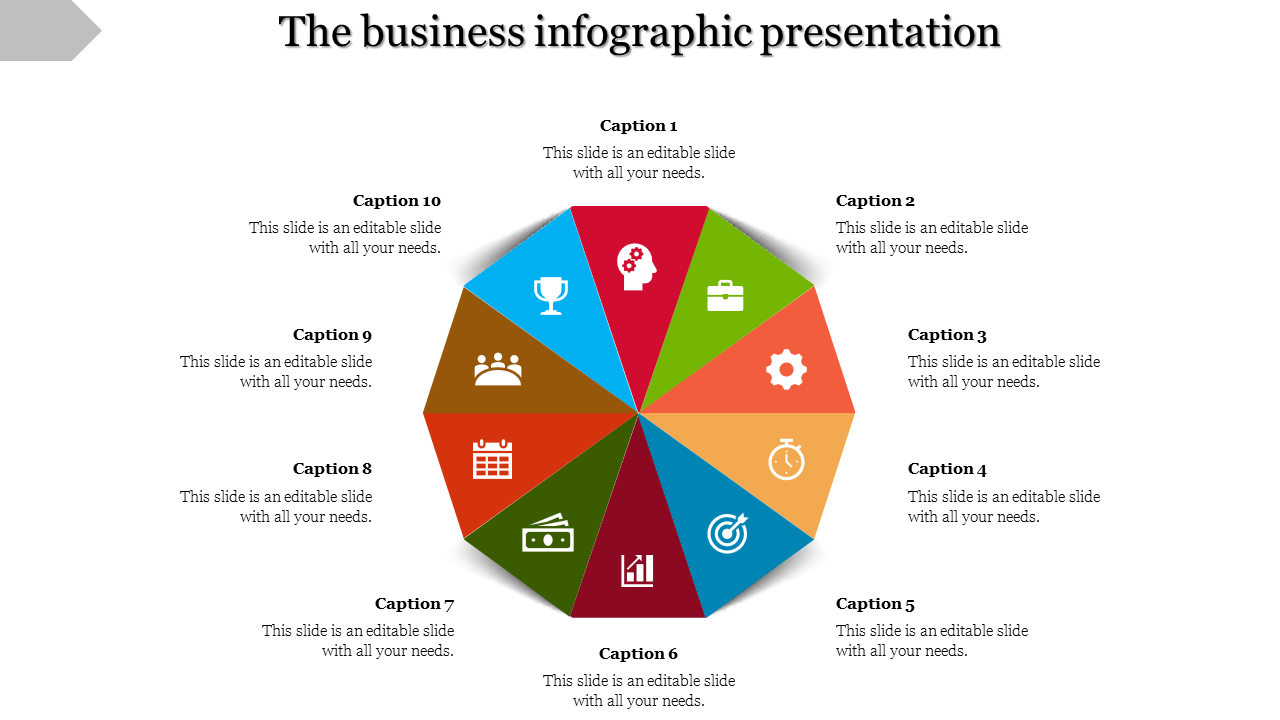 Colorful business infographic slide featuring a 10 section pie chart with icons and captions.