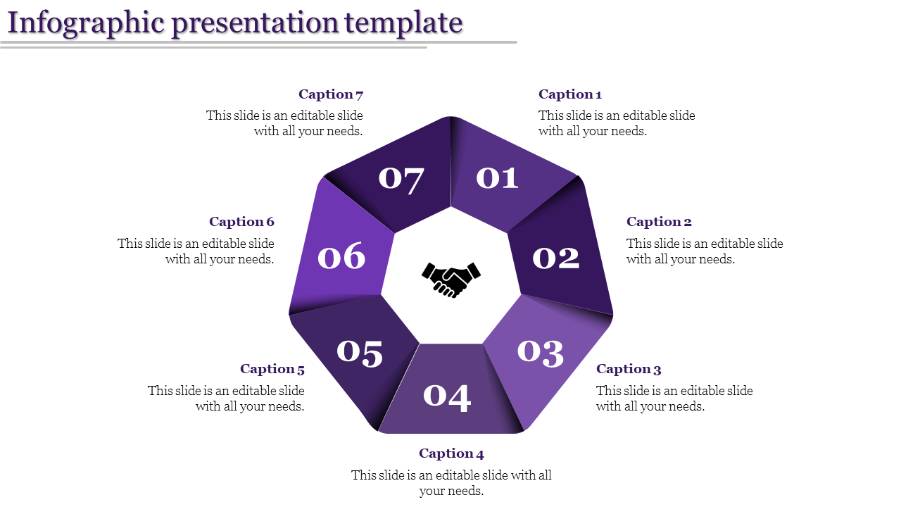 Purple hexagonal infographic with seven sections numbered 01 to 07, centered around a handshake icon, with captions outside.