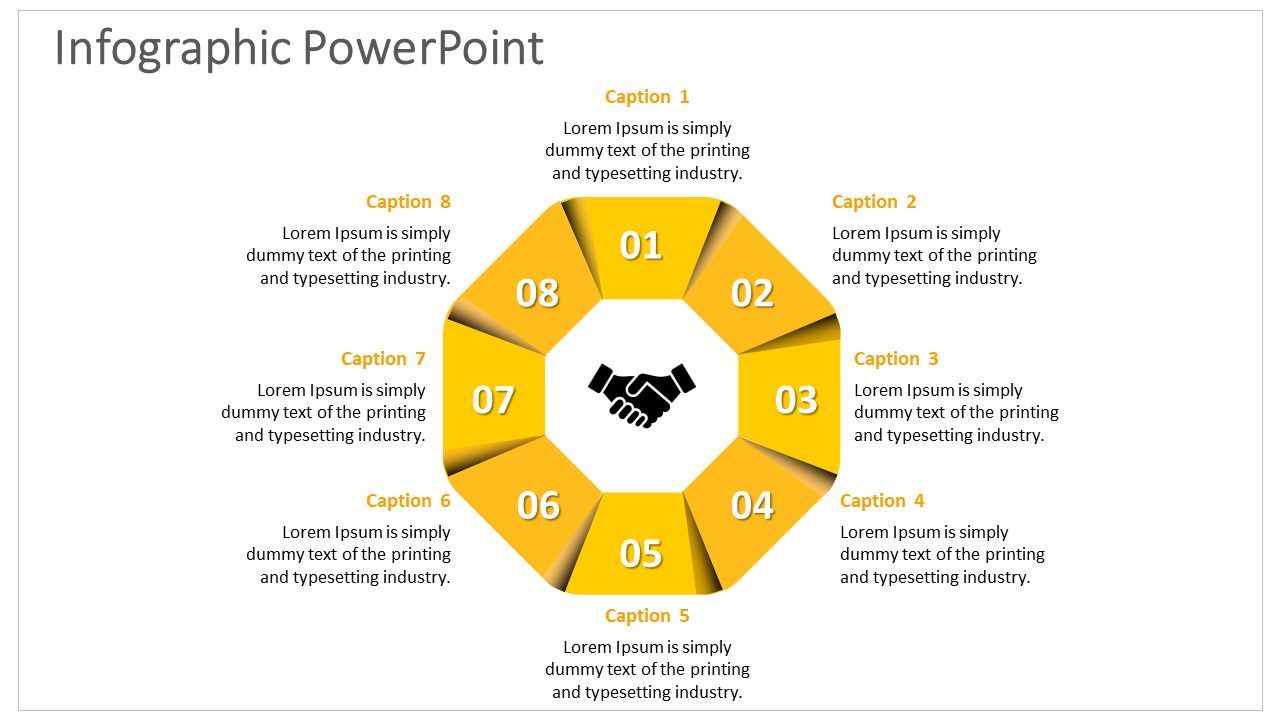 Eight sided infographic in yellow with numbers 01 to 08, arranged around a central handshake symbol on a white background.