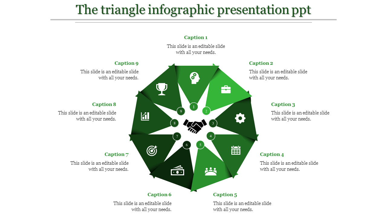 Green triangle infographic PowerPoint slide with nine sections, each containing an icon and caption.