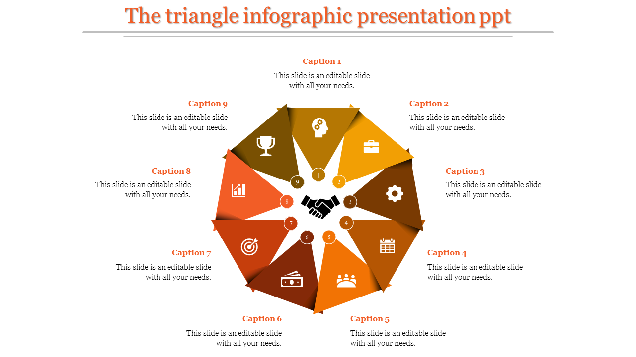 Circular infographic with nine orange and brown shaded triangles, each with an icon and caption, centered around a handshake.