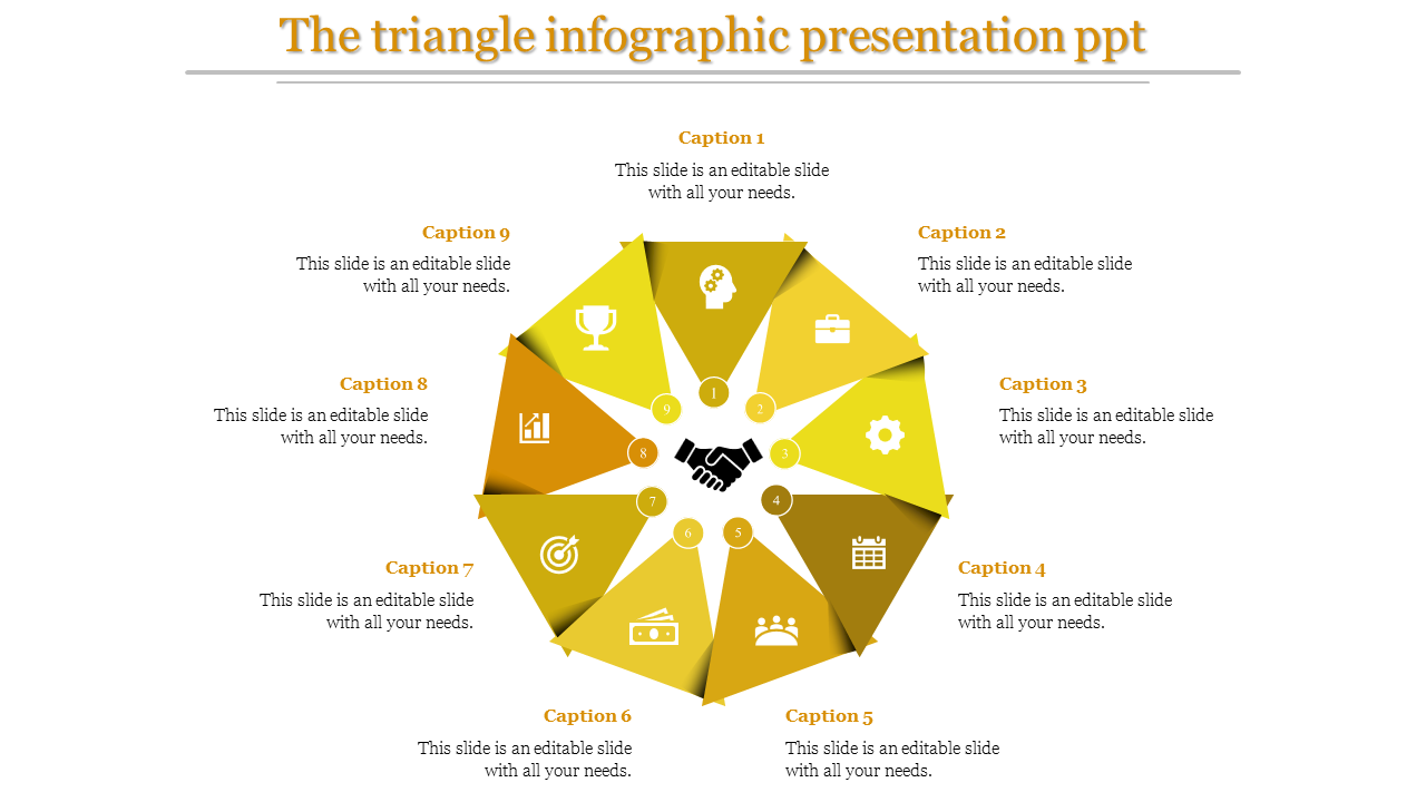 Circular arrangement of nine yellow triangular segments, each with an icon, surrounding a central handshake symbol.