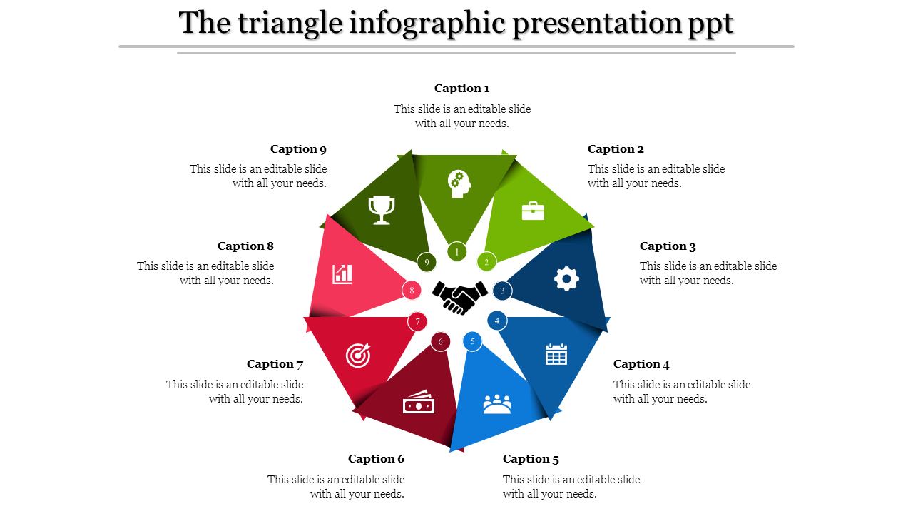 Infographic PowerPoint template with nine triangles arranged in a circular layout, each labeled with a caption and icon.