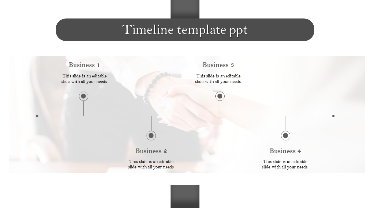 Horizontal gray timeline with four points, each marked by a dot and paired with descriptive business captions.