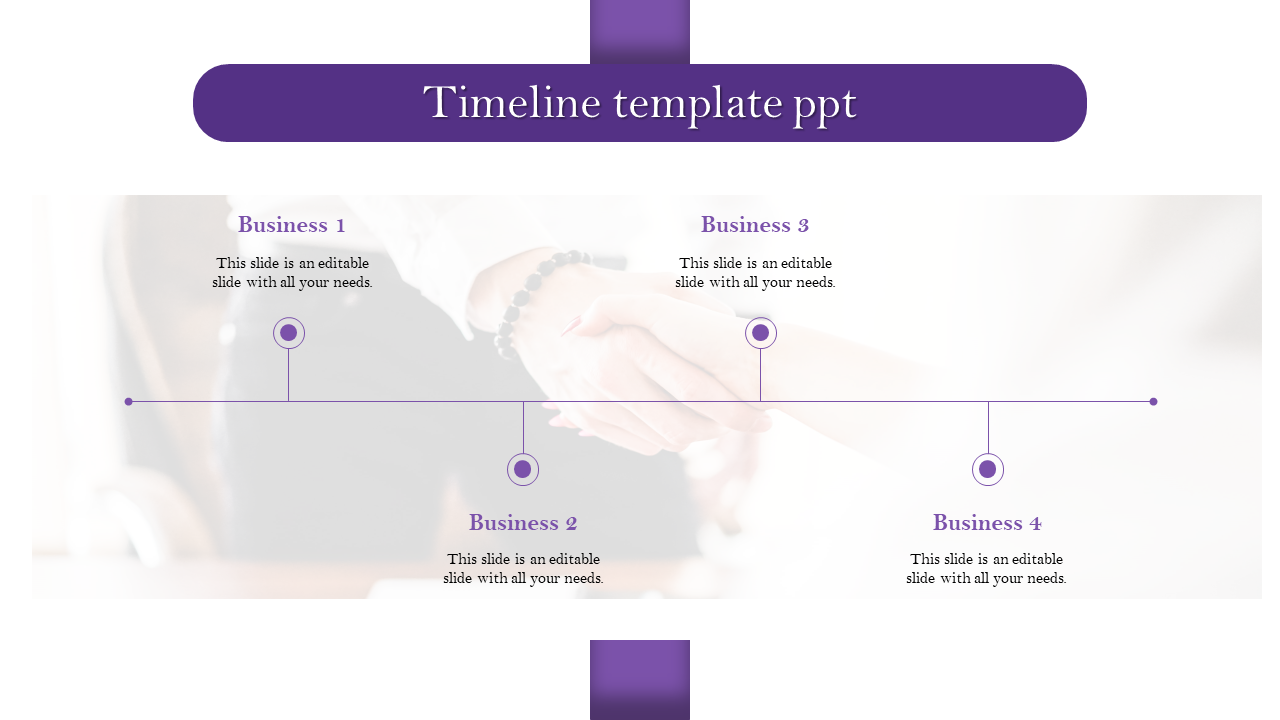 Horizontal timeline slide featuring four purple circular nodes, each labeled with business phases and descriptive text.