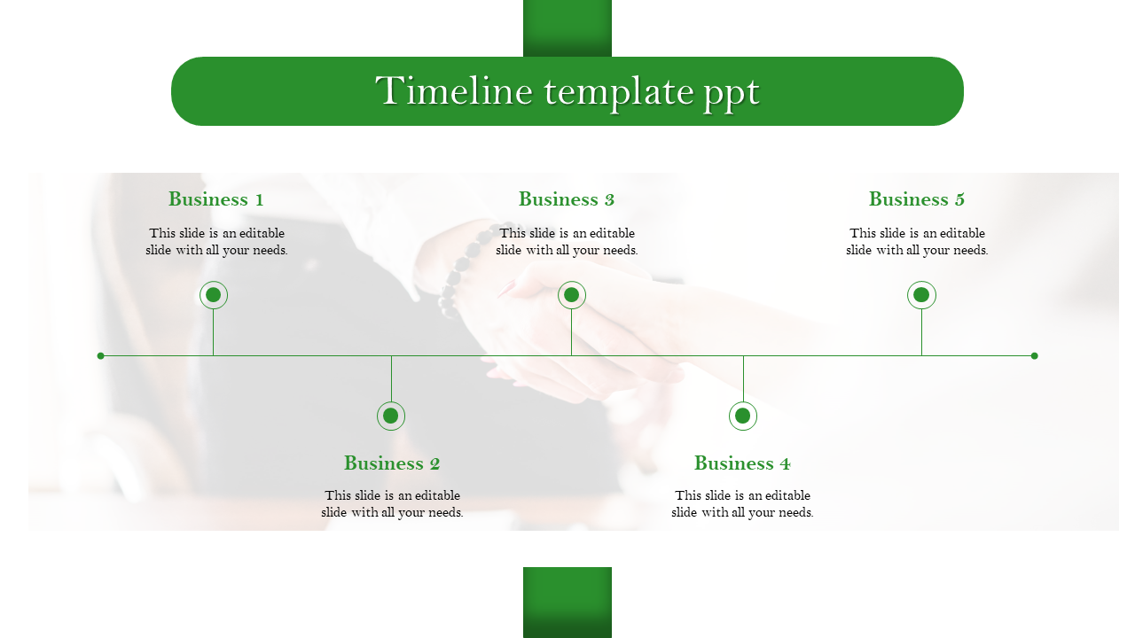 Timeline template with five green labeled milestones connected by a horizontal line, with captions for each business step.