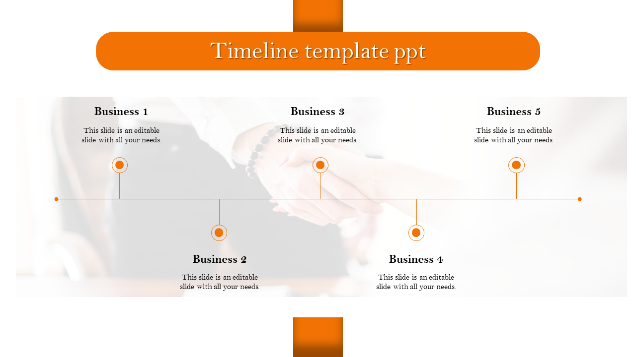 Orange themed timeline PowerPoint template displaying five business stages along a horizontal timeline with text.