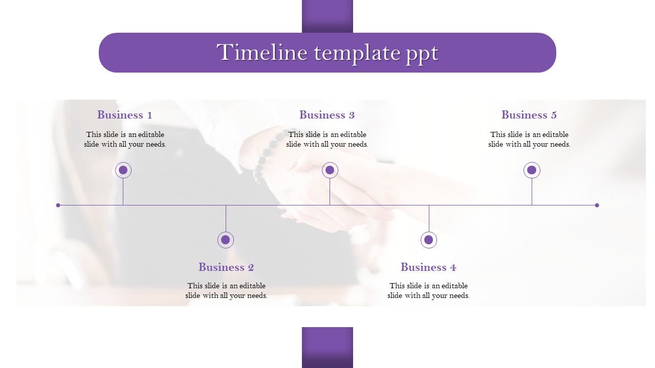 Purple themed timeline slide featuring five circular nodes, labeled numerically, and aligned along a horizontal axis.