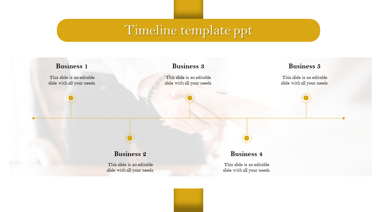 Gold themed timeline PowerPoint template showcasing five business milestones on a horizontal timeline design.