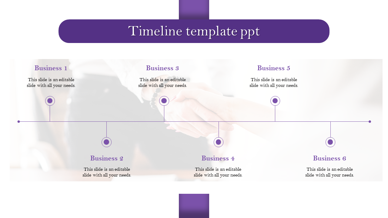 Timeline template with six milestones in purple, connected by a horizontal line, with labeled points for business stages.