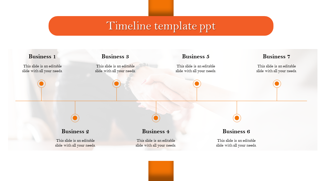 Timeline template with a horizontal line, orange milestone markers, and labeled numbered sections for business.