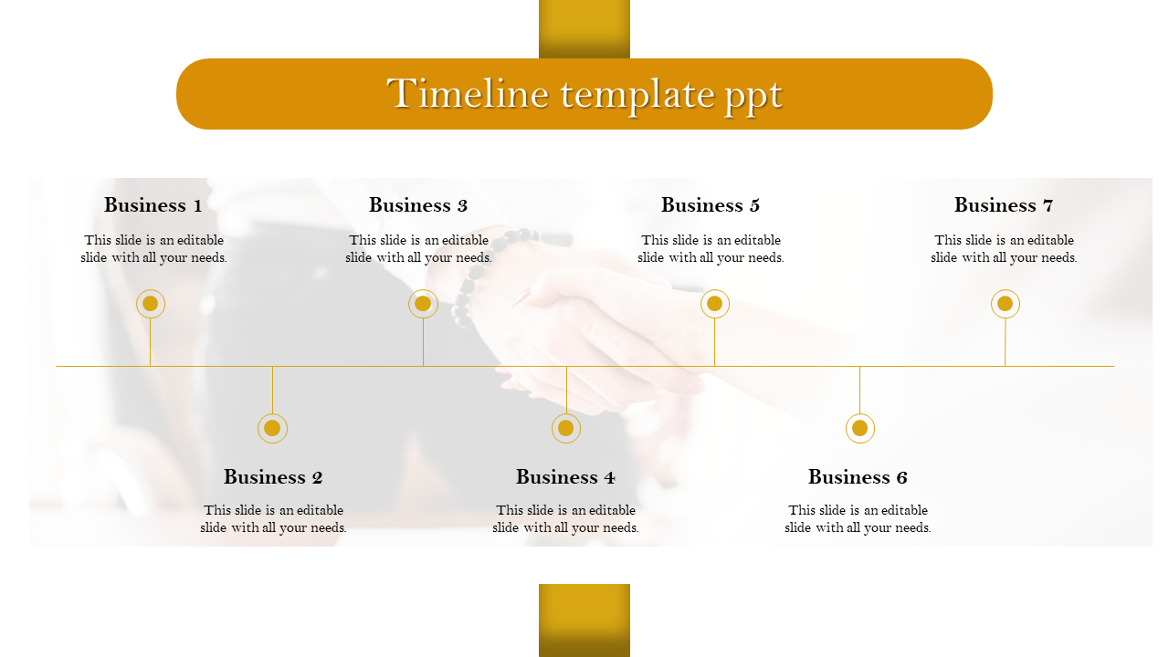 Horizontal timeline with seven labeled points for businesses, alternating above and below the line in gold circles.