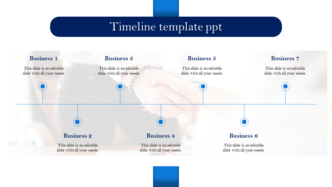 Horizontal timeline design with blue circular nodes representing businesses 1 to 7, with captions for each milestone.