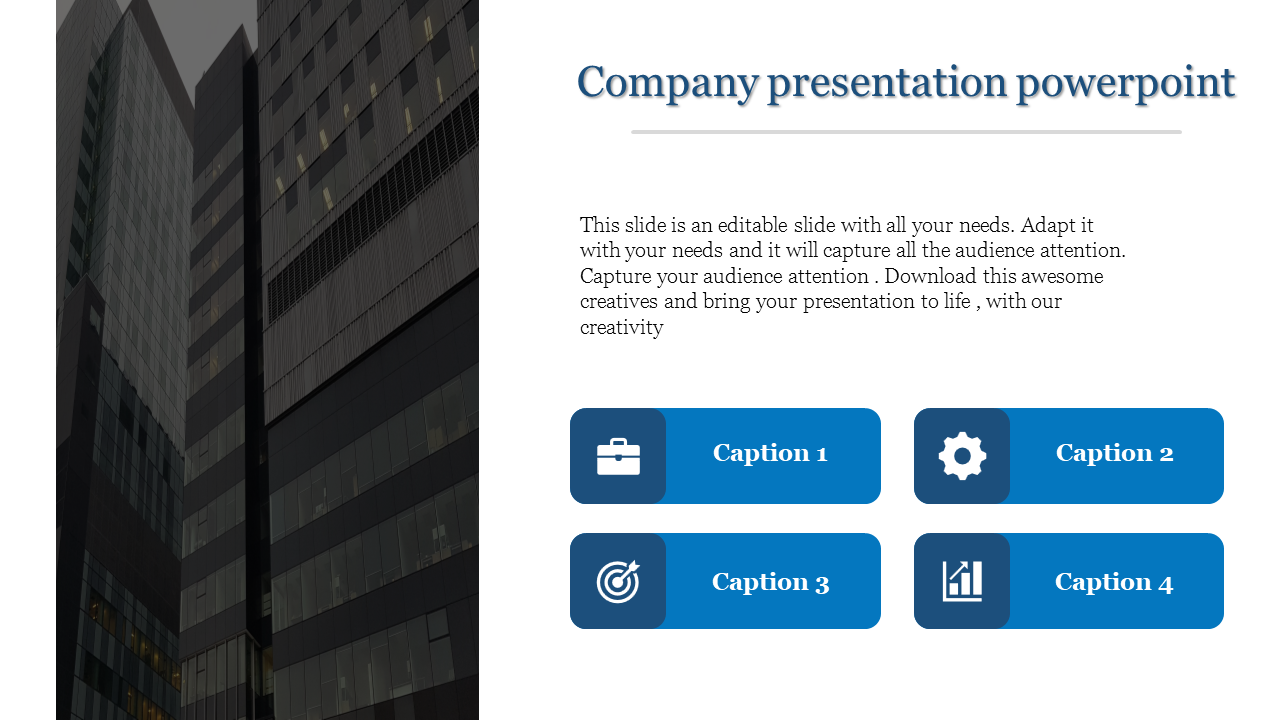 Company presentation slide featuring four blue caption boxes with icons, alongside a modern building background.