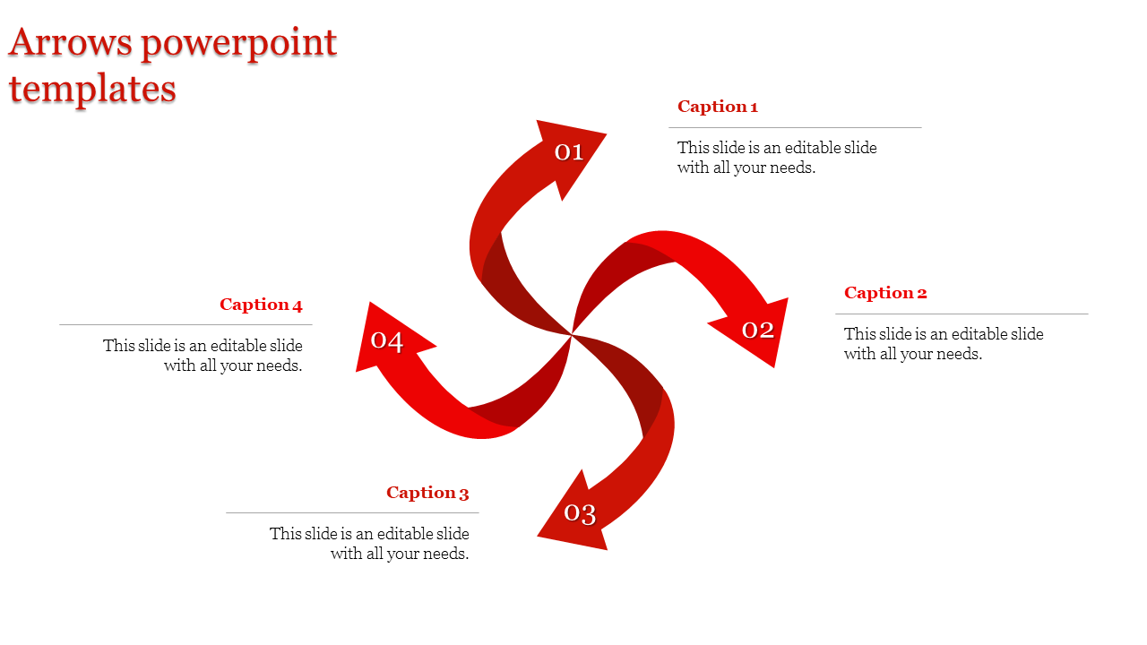 Four numbered red arrows forming a pinwheel design, with corresponding captions placed at the edges.