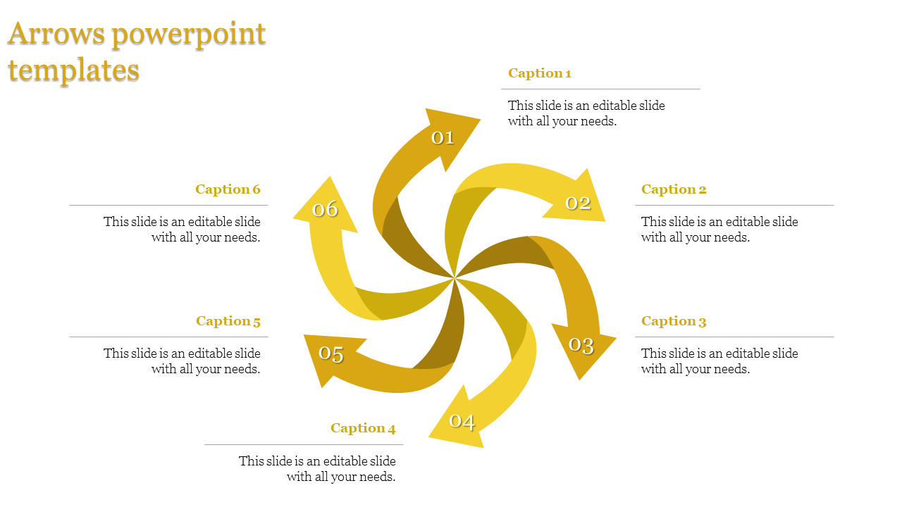 Swirling yellow arrows infographic with six numbered segments and corresponding captions in a clean circular layout.