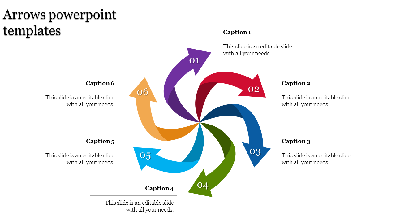 Six-part infographic with multicolored curved arrows forming a pinwheel, each pointing to labeled captions.