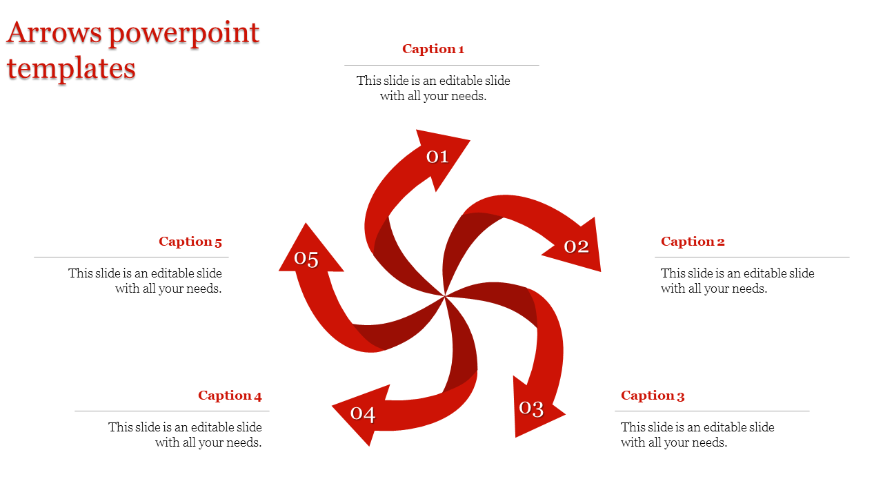 Circular red arrows forming a spiral, numbered 01 to 05, with captions placed around the design for PPT presentations.