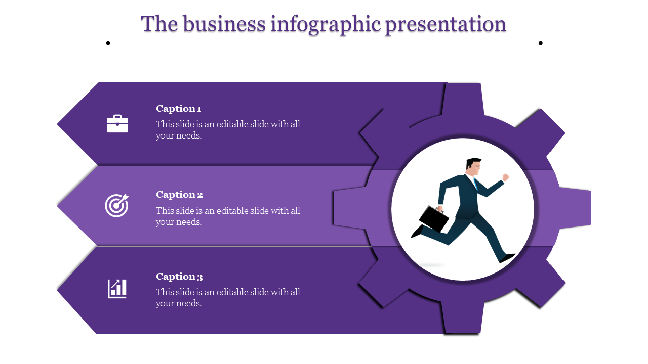 Business infographic PowerPoint slide featuring a running businessman inside a gear with three caption sections.