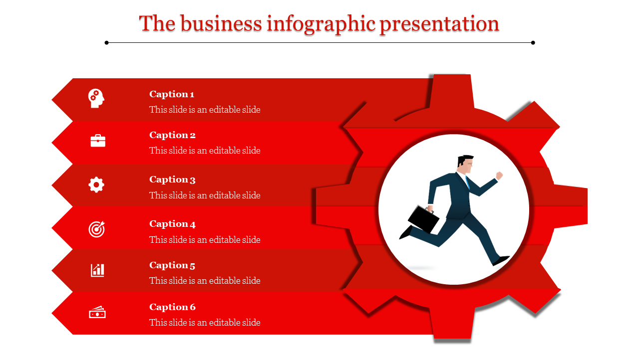 Red themed business infographic slide featuring 6 captions aligned with icons and a central gear design with a running figure.