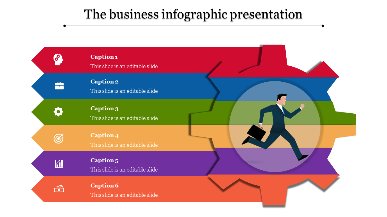 Business infographic with chevron segments for captions, arranged around a gear displaying a running professional figure.