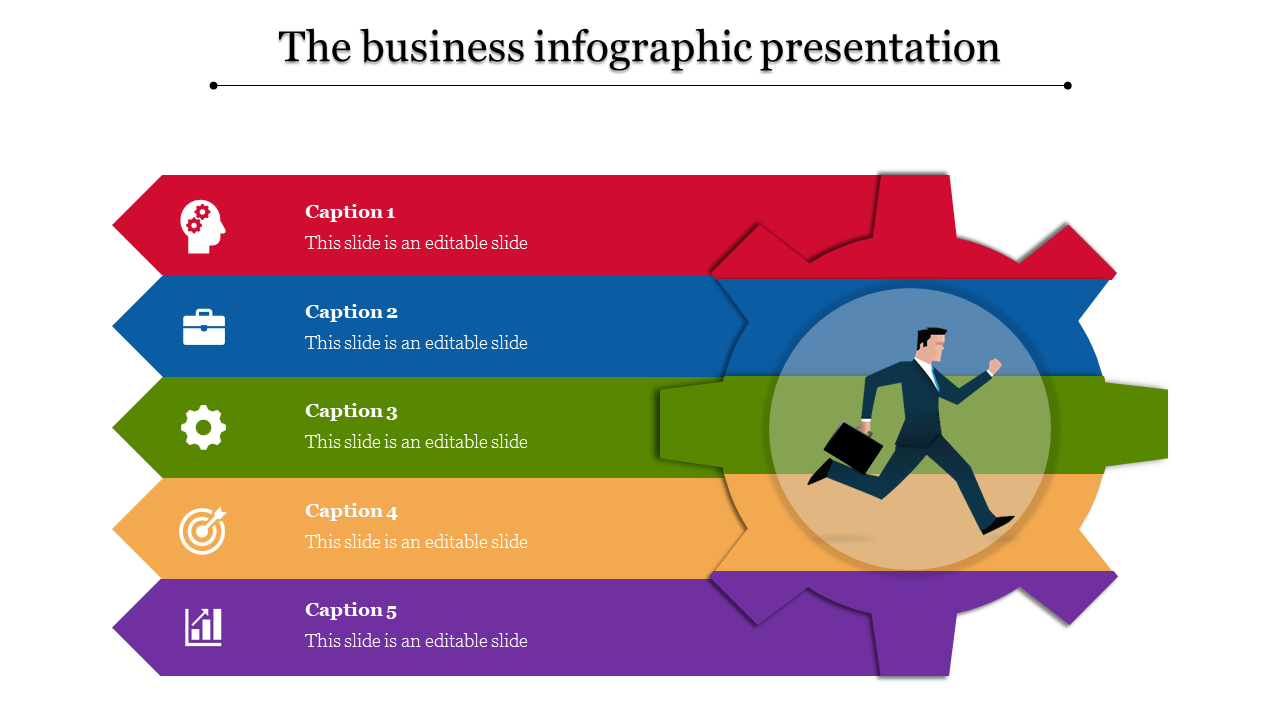 Colorful infographic template featuring five horizontal sections with icons, captions, and a gear design in the center.