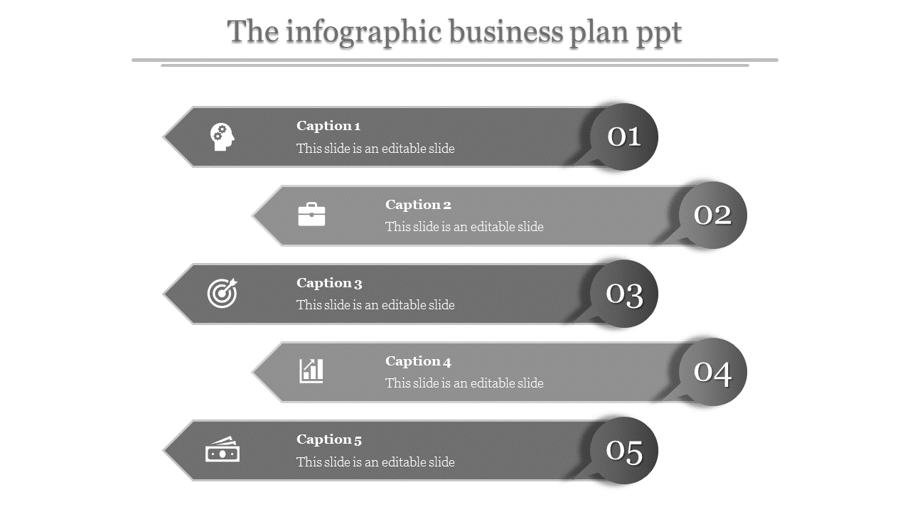 Five-step grayscale infographic with icons for ideas, business, goals, growth, and finance, numbered 1 to 5.