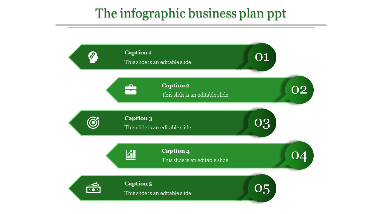 Green themed infographic slide presenting a five step business plan with captions and icons.