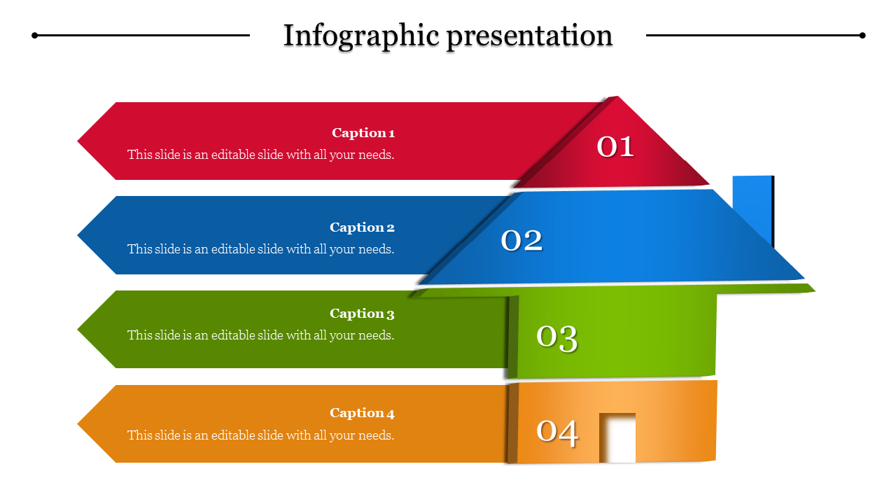 Colorful infographic with four arrows stacked, forming a house shape, labeled 01 to 04 in red, blue, green, and orange.