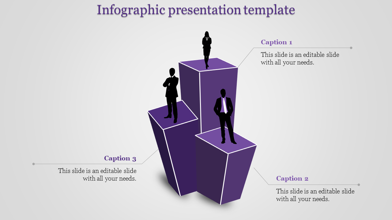 Infographic slide with professionals standing on purple podiums, accompanied by caption areas for text.