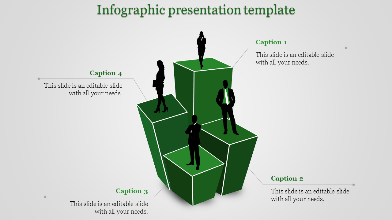 Green infographic template with professionals on stacked podium blocks and captions for content.