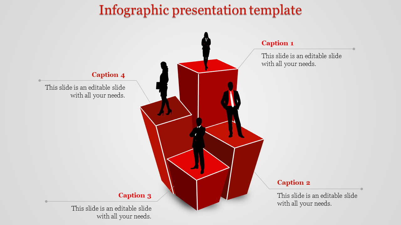 Infographic template with four red cubes stacked at varying heights, each with a silhouette figure and caption.