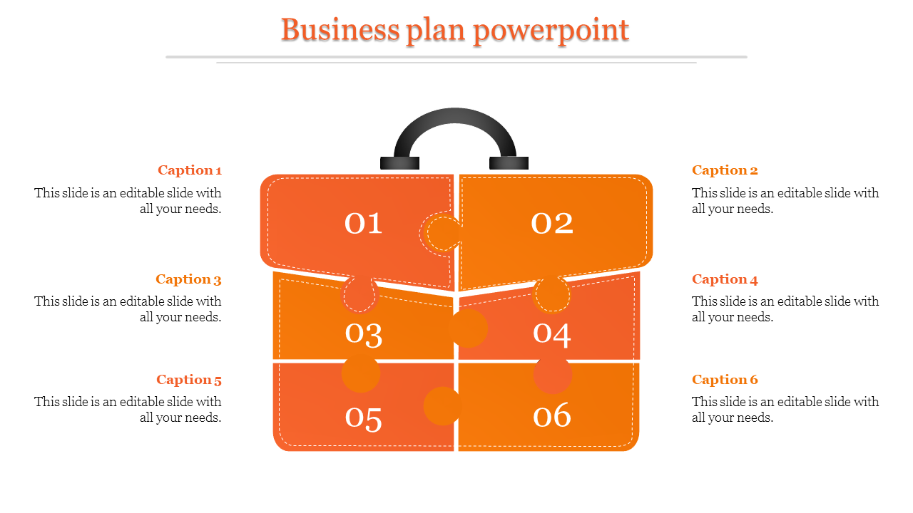 Illustration of an orange suitcase divided into six puzzle sections, each numbered and captions for business plan elements.