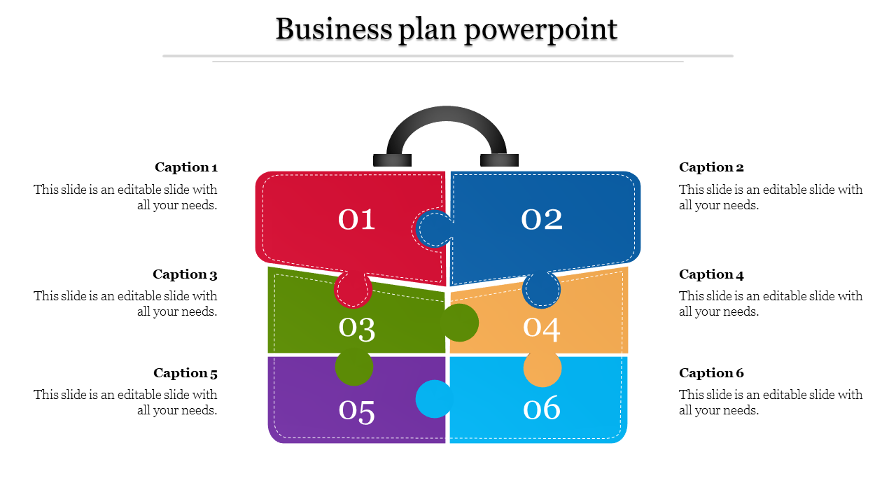 Business plan PowerPoint slide featuring a colorful suitcase design made of six puzzle pieces with captions.