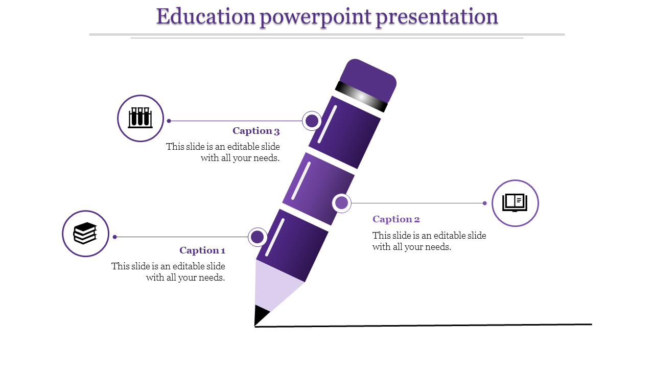 Education themed slide featuring a purple pencil and related icons with captions.