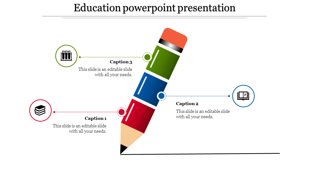 Vertical pencil graphic with red, blue, and green sections linked to captions and icons for education concepts.