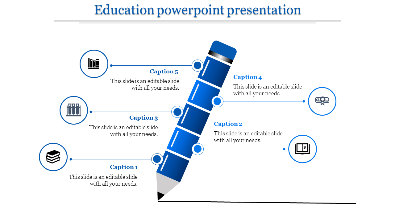 Blue pencil graphic with five labeled captions connected to circular icons in an education themed layout.