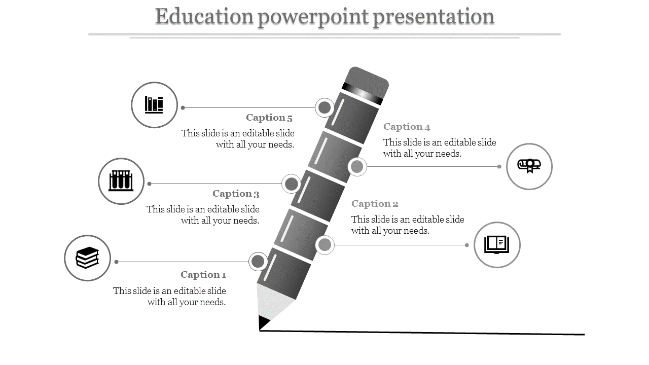 Education infographic with a grayscale pencil design, divided into five sections, each linked to captions and icons.