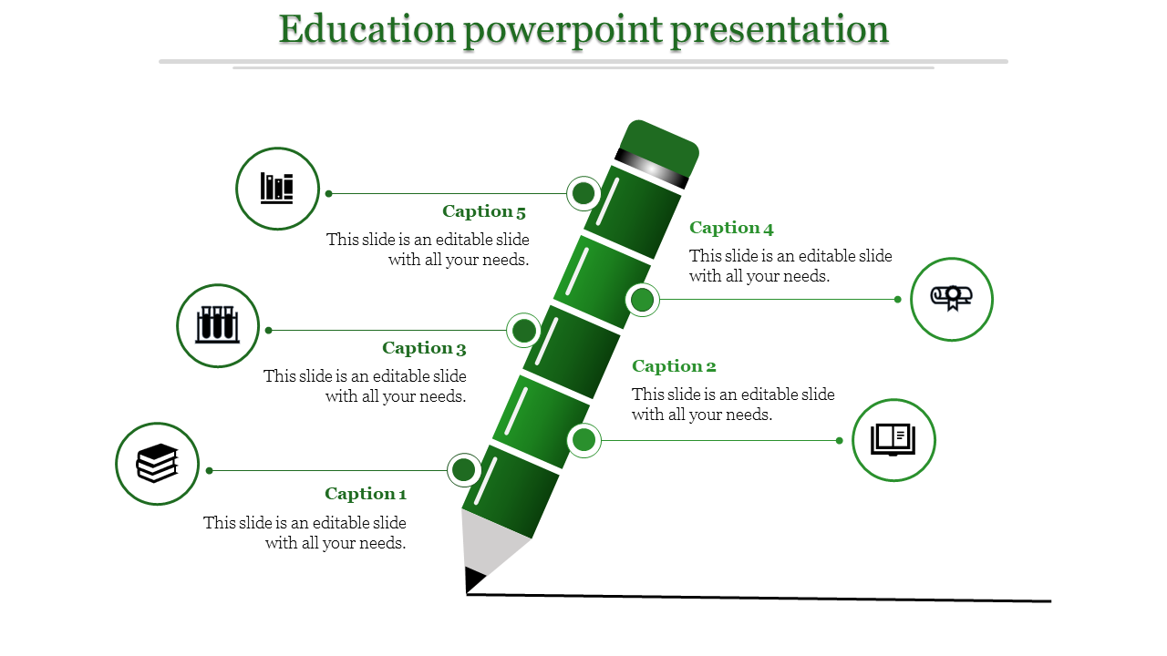 Educational PowerPoint slide with a green pencil graphic and five icons for content.