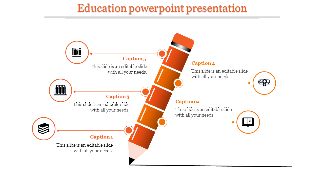 Education infographic slide displaying an orange pencil with five numbered segments, each linked to an icon.