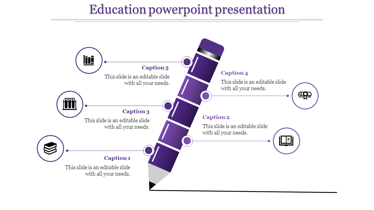 Educational PowerPoint slide with a purple pencil graphic and five icons representing learning topics.