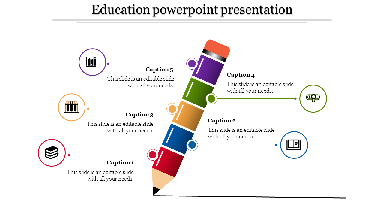 Education PowerPoint slide with a pencil graphic and five labeled captions connected by lines to icons.