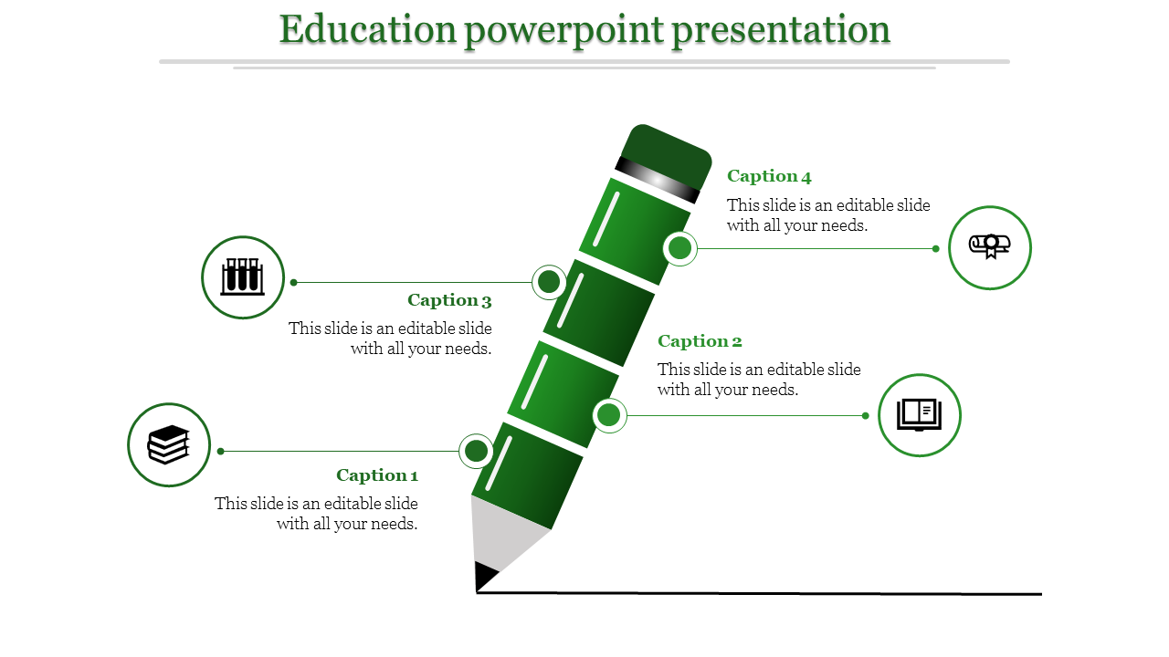 Education infographic with a green pencil diagram, divided into four sections, each linked to a circular icon and caption.