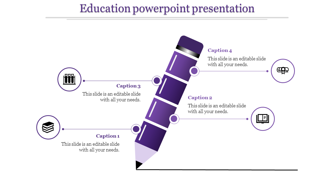 Education slide featuring a purple  pencil with four labeled steps, each connected to an academic icon and text description.