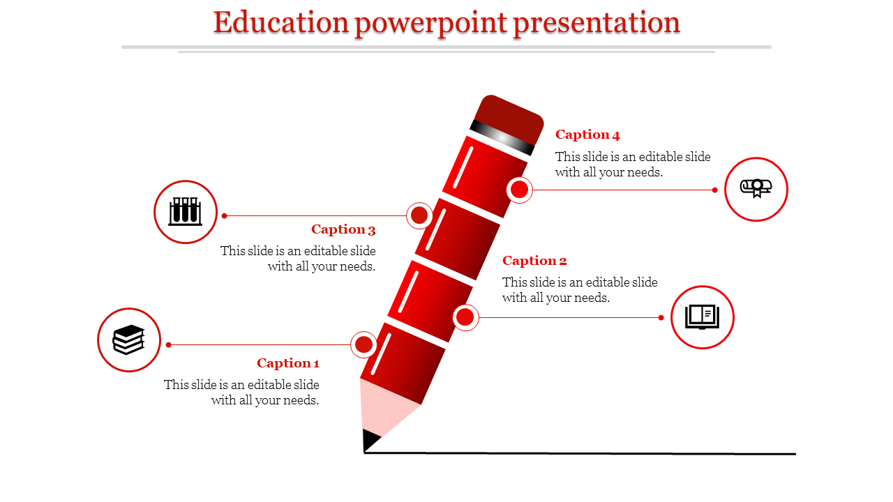 Education PowerPoint slide with a red pencil graphic and four numbered caption areas.